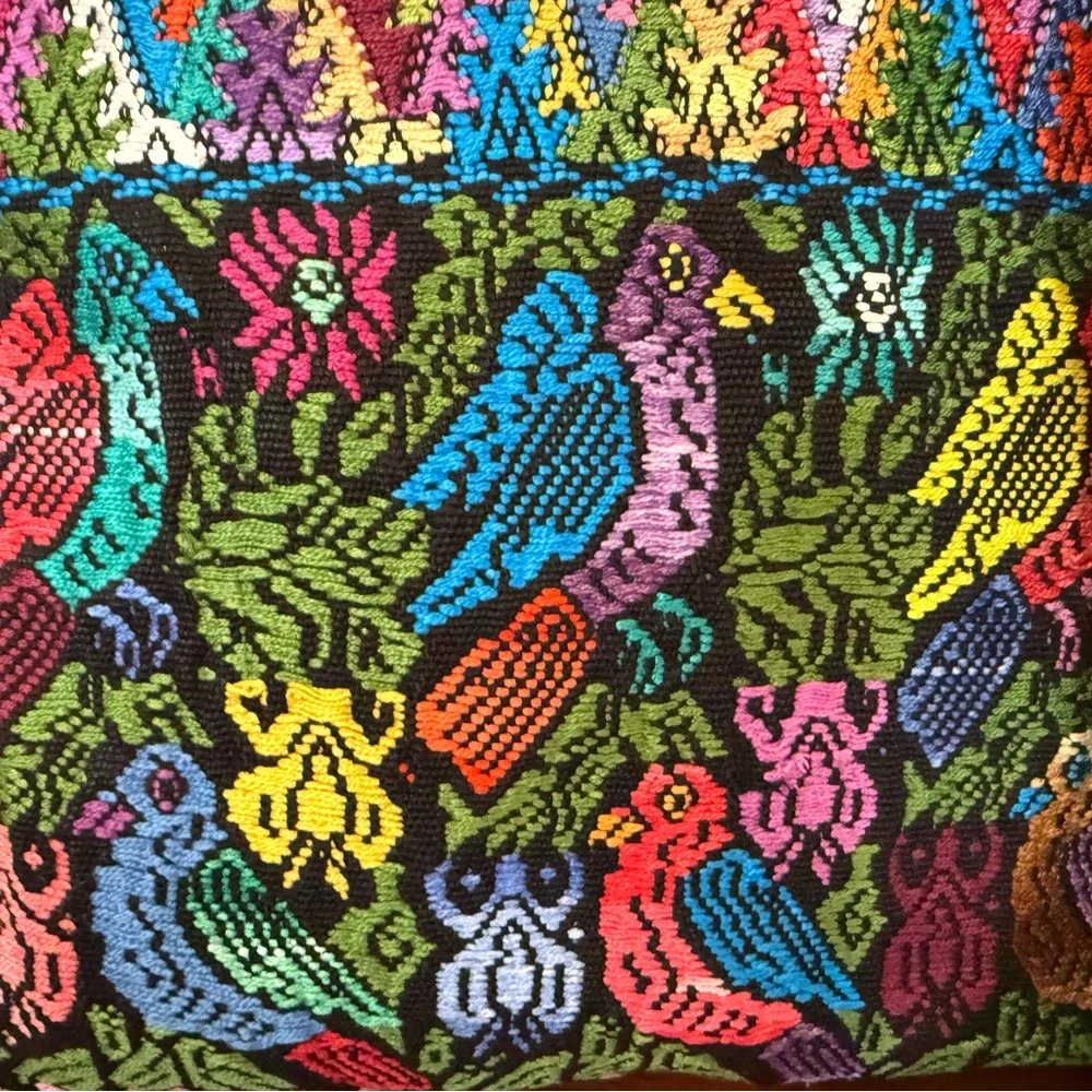 Guatemala handmade Embroidered Throw Pillows pair 18x18” zip birds crab floral